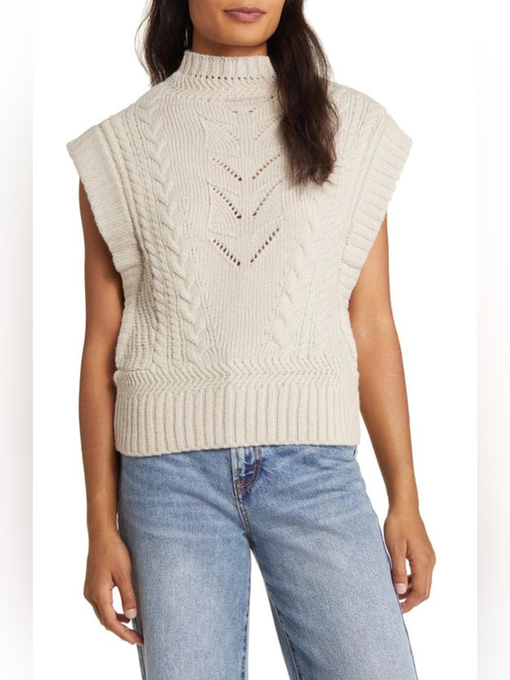 NWT Wit & Wisdom Cable Stitch Mock Neck Sweater Vest, Stone S